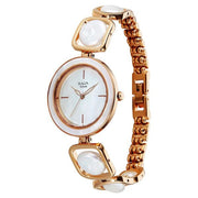 Titan 95250WM02F Raga Power Pearls women's watch with mother of pearl dial and rose gold metal strap, angled view showing the decorative case and bracelet