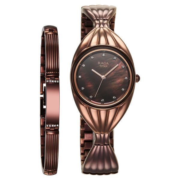 Titan 95254QM01F Raga Memoirs Quartz Analog Watch with Mother of Pearl Dial and Brown Metal strap for Women 27.50mm