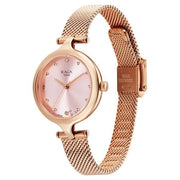 Titan 95268WM01 Raga Showstopper women's watch with rose gold dial and rose gold metal strap, angled view showing the rose gold mesh strap