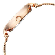 Titan 95268WM01 Raga Showstopper women's watch with rose gold dial and rose gold metal strap, side profile showing the case and crown