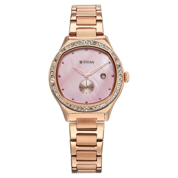 Titan 95289WM01 Purple Glamour Quartz Analog Watch with Date, Mother of Pearl Dial and Rose Gold Stainless Steel Strap for Women