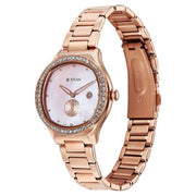 Titan 95289WM01 Purple Glamour Quartz Analog Watch with Date, Mother of Pearl Dial and Rose Gold Stainless Steel Strap for Women - angled view