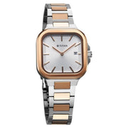 Titan 95291KM01 Slim Square Quartz Analog Watch with Date, Silver Dial and Two-Tone Stainless Steel Strap for Women - alternate front view