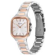 Titan 95291KM01 Slim Square Quartz Analog Watch with Date, Silver Dial and Two-Tone Stainless Steel Strap for Women - angled view