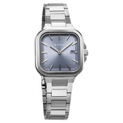 Titan 95291SM01 Slim Square Quartz Analog Watch with Date, Blue Dial and Silver Stainless Steel Strap for Women - alternate front view