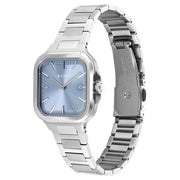 Titan 95291SM01 Slim Square Quartz Analog Watch with Date, Blue Dial and Silver Stainless Steel Strap for Women - angled view