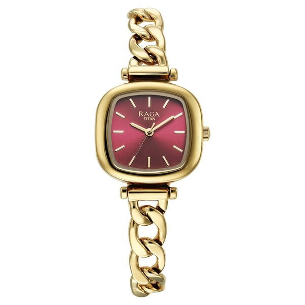 Titan 95302YM01 Raga Showstopper Quartz Analog Watch with Maroon Dial and Gold Metal Strap for Women 26.2mm
