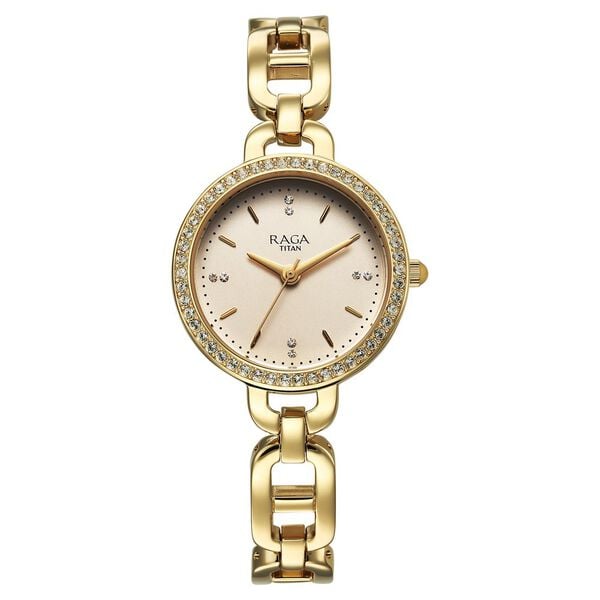Titan 95305YM01 Raga Showstopper Quartz Analog Watch with Golden Dial and Golden Metal Strap for Women 30mm