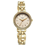 Titan 95305YM01 close view of the golden dial and crystal-set bezel