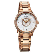 Titan 95314WM01 Purple Glamour Quartz Analog Watch with Mother of Pearl Dial and Rose Gold Stainless Steel Strap for Women - alternate front view