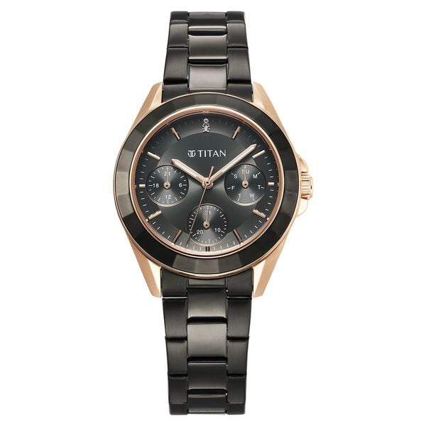 Titan 95315KM02 Purple Glamour Quartz Multifunction Watch with Grey Dial and Black Stainless Steel Strap for Women
