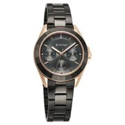 Titan 95315KM02 Purple Glamour Quartz Multifunction Watch with Grey Dial and Black Stainless Steel Strap for Women - alternate front view