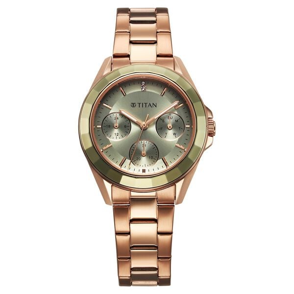 Titan 95315KM03 Purple Glamour Quartz Multifunction Watch with Green Dial and Rose Gold Stainless Steel Strap for Women