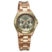 Titan 95315KM03 Purple Glamour Quartz Multifunction Watch with Green Dial and Rose Gold Stainless Steel Strap for Women - alternate front view