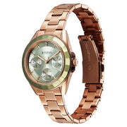 Titan 95315KM03 Purple Glamour Quartz Multifunction Watch with Green Dial and Rose Gold Stainless Steel Strap for Women - angled view