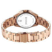Titan 95315KM03 Purple Glamour Quartz Multifunction Watch with Green Dial and Rose Gold Stainless Steel Strap for Women - caseback view