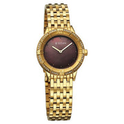 Titan 95316YM01 brown dial watch with gold strap, front view showing the dial and markers