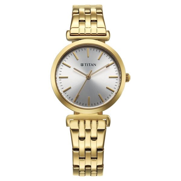 Titan 95321YM01 Workmode Quartz Analog Watch with Silver Dial and Golden Stainless Steel Strap for Women 30mm