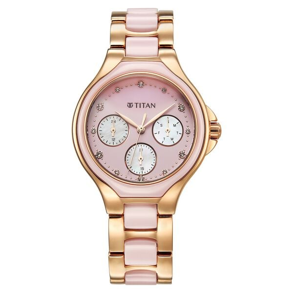 Titan 95325KD01 Purple Glamour Quartz Multifunction Watch with Mother of Pearl Dial and Two-Tone Ceramic and Stainless Steel Strap for Women