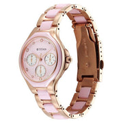 Titan 95325KD01 Purple Glamour Quartz Multifunction Watch with Mother of Pearl Dial and Two-Tone Ceramic and Stainless Steel Strap for Women - angled view