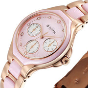 Titan 95325KD01 Purple Glamour Quartz Multifunction Watch with Mother of Pearl Dial and Two-Tone Ceramic and Stainless Steel Strap for Women - dial and multifunction sub-dial detail