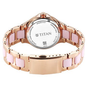 Titan 95325KD01 Purple Glamour Quartz Multifunction Watch with Mother of Pearl Dial and Two-Tone Ceramic and Stainless Steel Strap for Women - caseback view