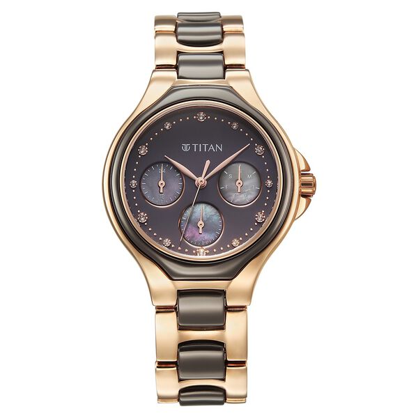 Titan 95325KD02 Purple Glamour Quartz Multifunction Watch with Grey Dial and Two-Tone Ceramic and Stainless Steel Strap for Women 38mm