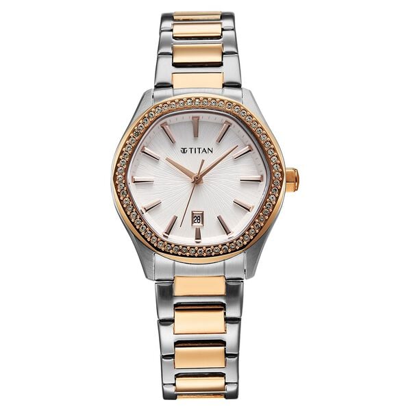 Titan 95326KM01 Purple Glamour Quartz Analog Watch with Date, Silver Dial and Two-Tone Stainless Steel Strap for Women