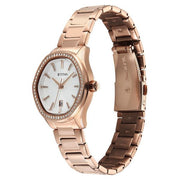 Titan 95326WM01 women's watch - silver dial and rose gold stainless steel strap, three-quarter angle view