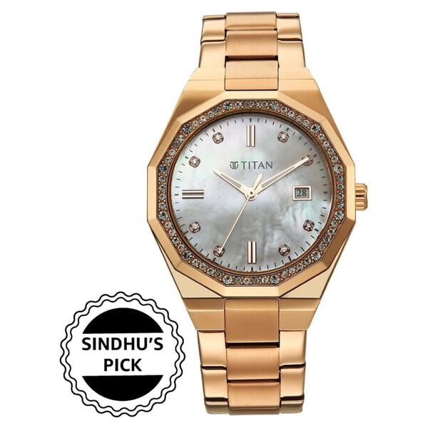 Titan 95330WM01 Purple Glamour Quartz Analog Watch with Date, Mother of Pearl Dial and Rose Gold Stainless Steel Strap for Women 37mm