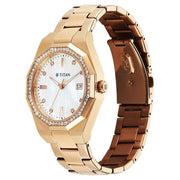 Titan 95330WM01 women's watch - mother of pearl dial and rose gold stainless steel strap, three-quarter angle view