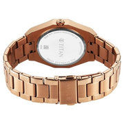 Titan 95330WM01 women's watch - mother of pearl dial and rose gold stainless steel strap, caseback and bracelet reverse view