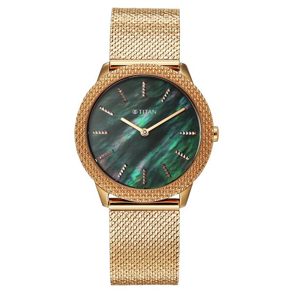 Titan 95331WM01 Purple Glamour Quartz Analog Watch with Green Mother of Pearl Dial and Rose Gold Stainless Steel Mesh Strap for Women 35mm