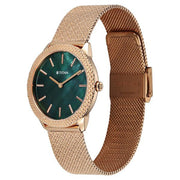 Titan 95331WM01 women's watch - green mother of pearl dial and rose gold stainless steel strap, three-quarter view showing mesh strap