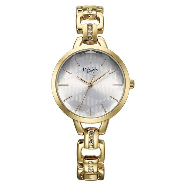 Titan 95352YM01 Raga Showstopper Quartz Analog Watch with Silver Dial and Golden Metal Strap for Women 32mm