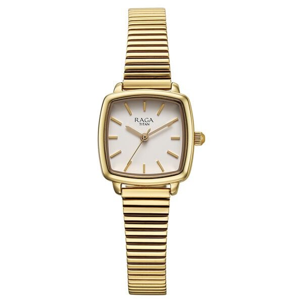 Titan 95355YM01 Raga Showstopper Quartz Analog Watch with Champagne Dial and Golden Metal Strap for Women 30mm