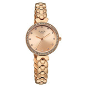 Titan 95357WM01 Raga Showstopper women's watch with rose gold dial and rose gold metal strap, front view at an alternate angle