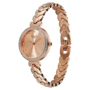 Titan 95357WM01 Raga Showstopper women's watch with rose gold dial and rose gold metal strap, angled three-quarter view