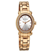 Titan 95359WM01 silver dial watch with rose gold strap, front view showing the dial and markers