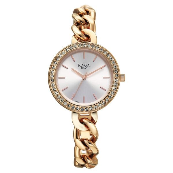 Titan 95361WM01 Raga Showstopper Quartz Analog Watch with Silver Dial and Rose Gold Metal Strap for Women 31mm