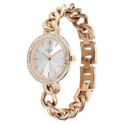 Titan 95361WM01 Raga Showstopper women's watch with silver dial and rose gold metal strap, angled view showing the bracelet