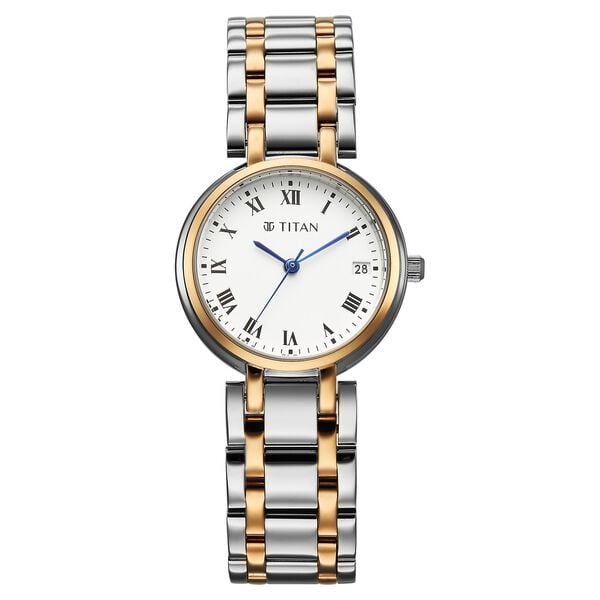Titan 95370KM01 Eminence Workwear Quartz Analog Watch with White Dial and Two-Tone Metal Strap for Women