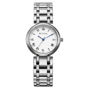Titan 95370SM01 Eminence Workwear women watch with white dial and silver strap, primary product view