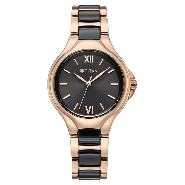Titan 95380KD01 Work Essentials Quartz Analog Watch with Black Dial and Two-Tone Metal Strap for Women 32mm