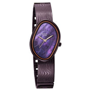 Titan 95390QM01 close view of the prune purple dial and matching metal bracelet