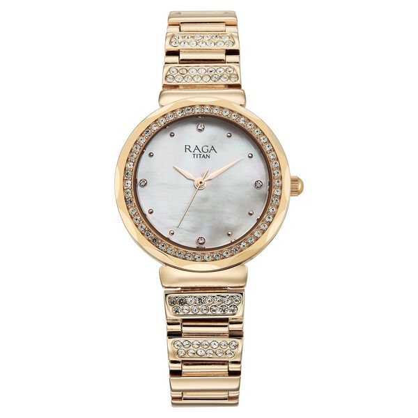 Titan 95419WM01 Raga Spotlight Quartz Analog Watch with Mother of Pearl Dial and Rose Gold Metal Strap for Women 30mm
