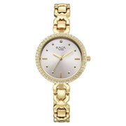 Titan 95420YM01 Raga Spotlight women's watch with silver dial and golden metal strap, front view of the silver dial and golden strap