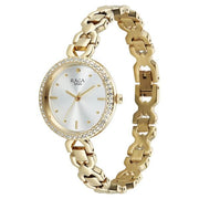 Titan 95420YM01 Raga Spotlight women's watch with silver dial and golden metal strap, angled view showing the bracelet