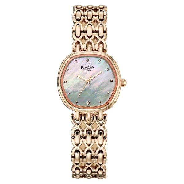 Titan 95421WM01 Raga Spotlight Quartz Analog Watch with White Dial and Rose Gold Metal Strap for Women 25mm