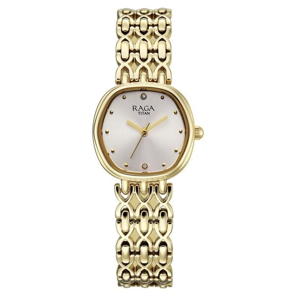 Titan 95421YM01 Raga Spotlight Quartz Analog Watch with White Dial and Golden Metal Strap for Women 25mm